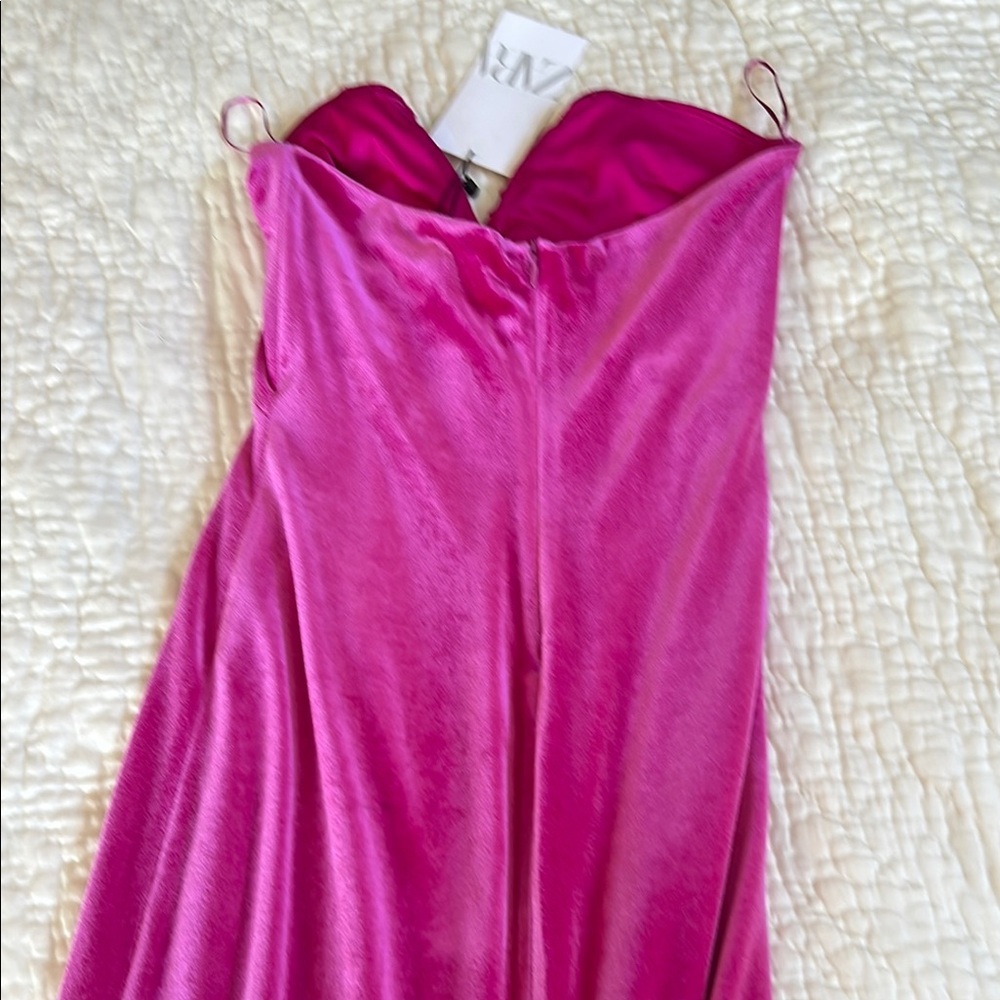 Zara Pink velvet fuchsia midi Strapless slit  Dress NWT - Picture 2 of 8